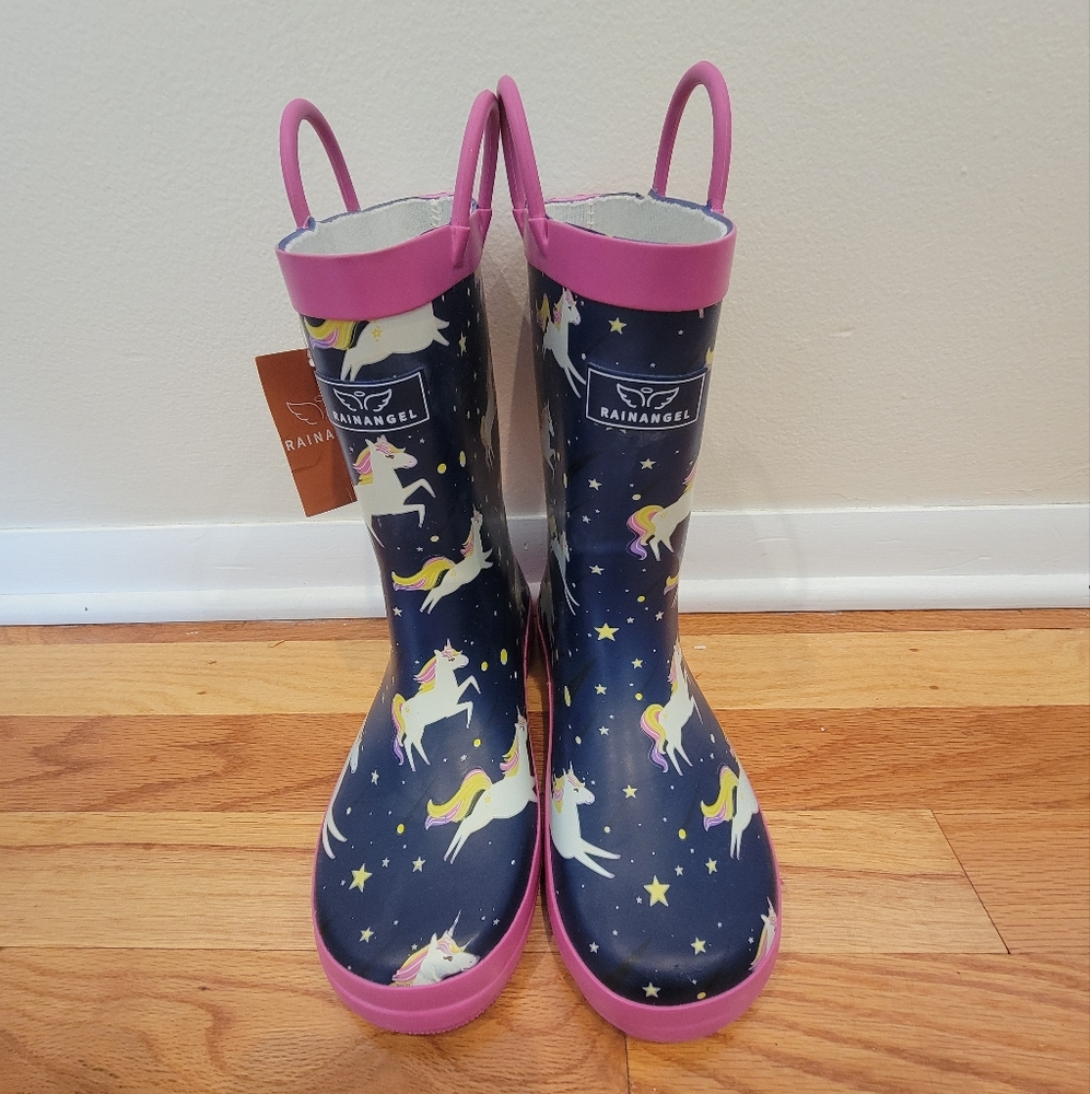 Rainangel Waterproof Dark Blue Unicorn Pull-on Rain Boots Size 2